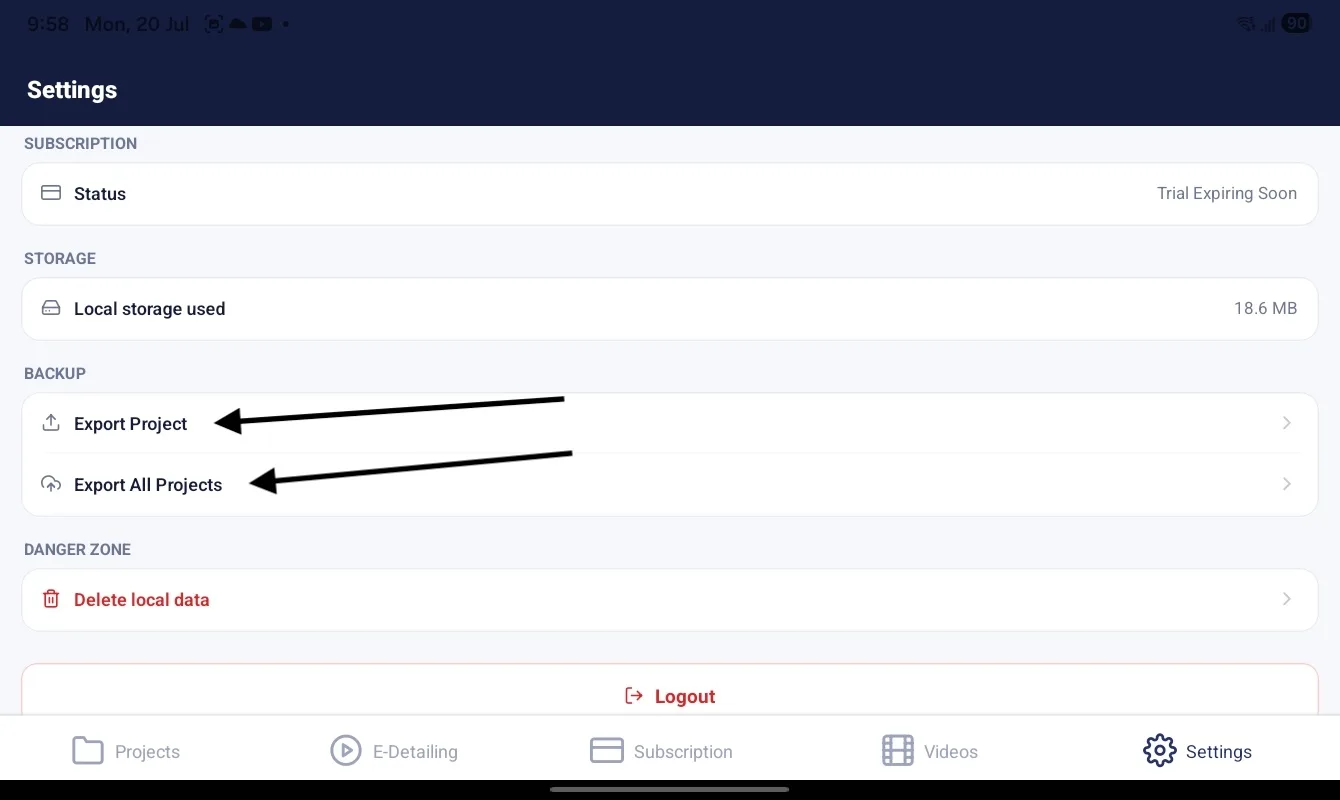 Project export and restore screen in Easy E-Detailing