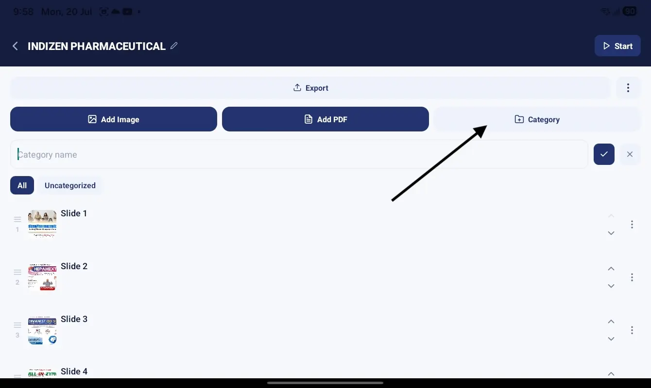 Category and presentation page management screen