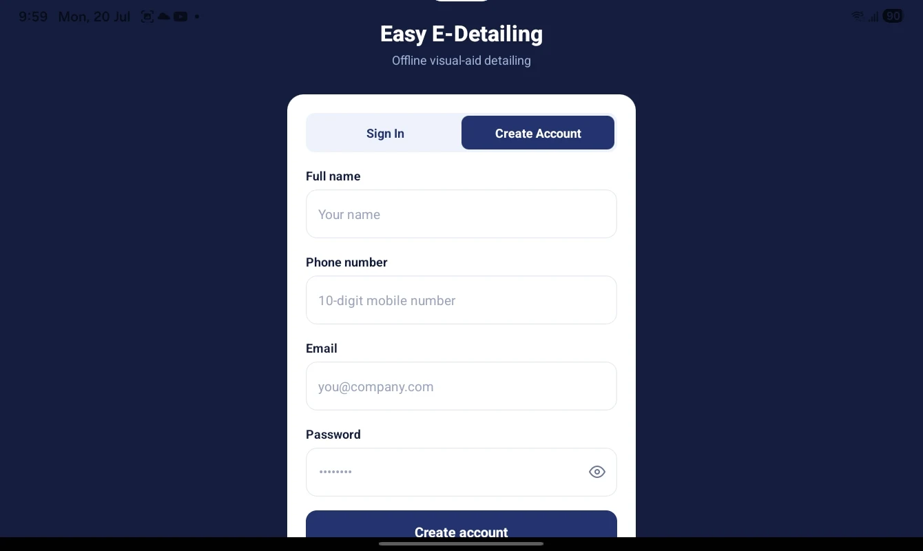 Easy E-Detailing secure registration and sign-in screen