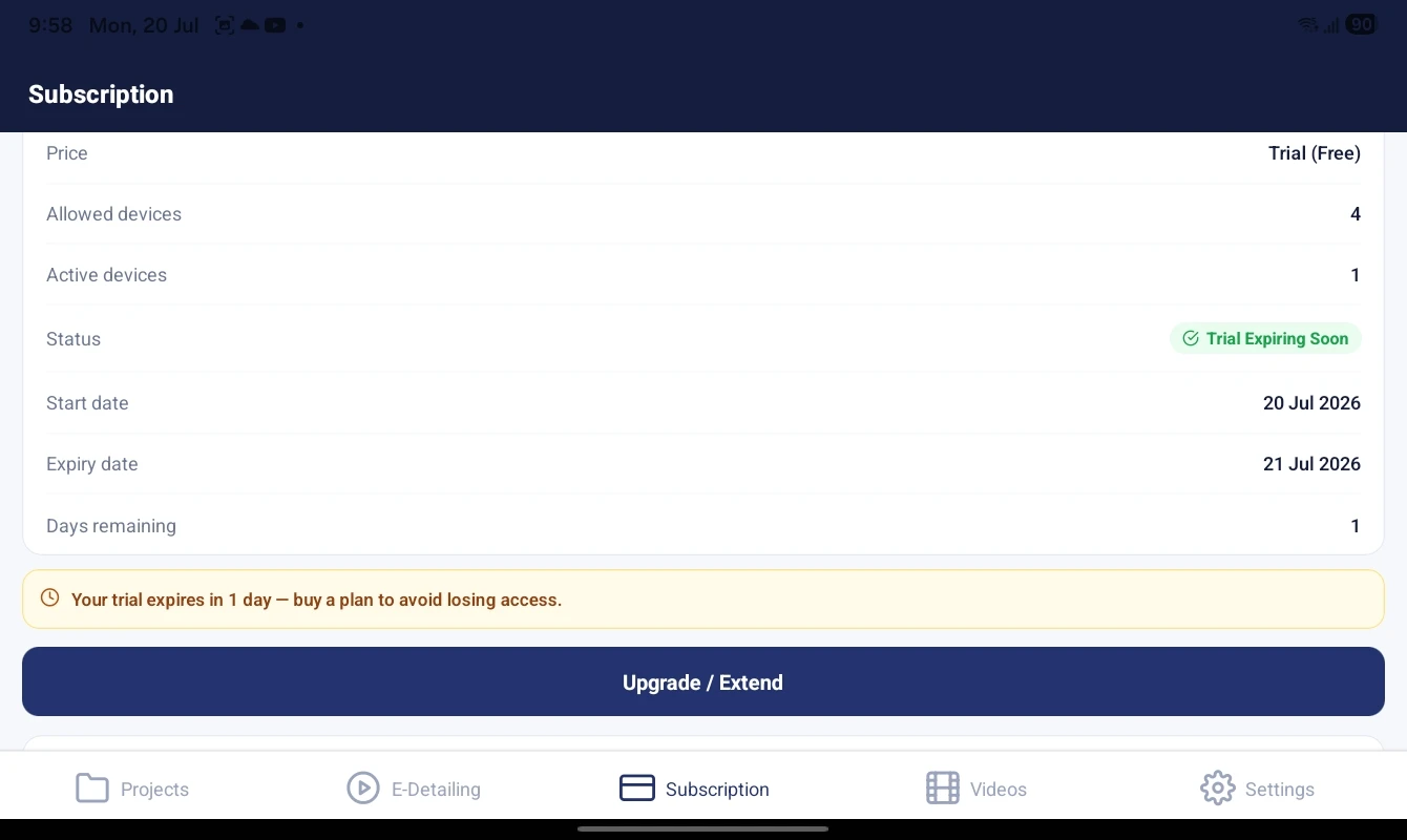 Subscription and device status screen in Easy E-Detailing